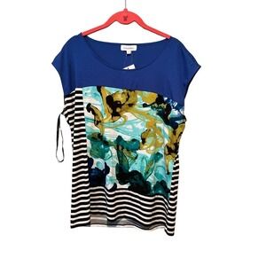 Calvin Klein Blouse Top Womens L Blue/White Striped Floral Sleeveless Scoop Neck